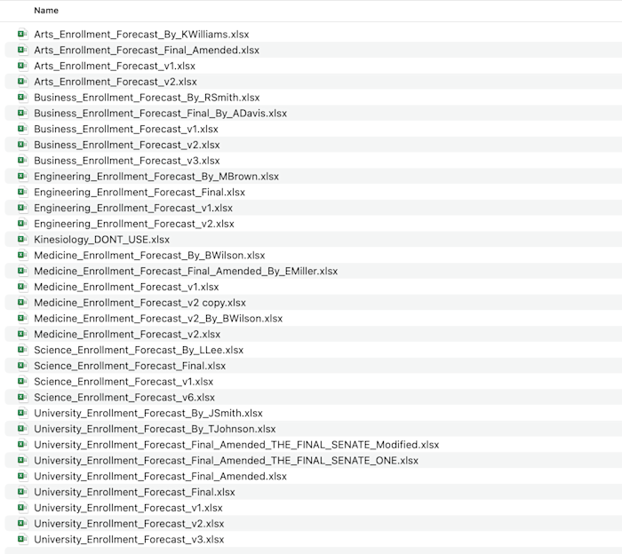 Image: List of spreadsheets with multiple versions